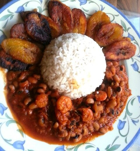 Plain Rice/Fried Plantain with Beans Stew